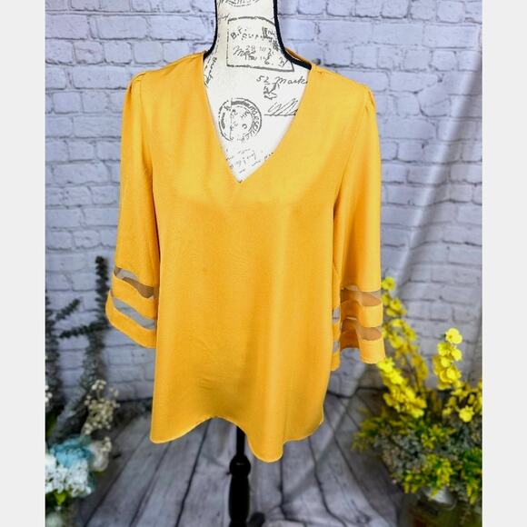 Casual V Neck 3/4 Bell Sleeve Mesh Panel Blouse Golden Glow XL - Picture 8 of 10